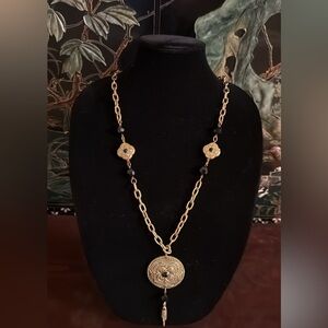 Vintage Gold Necklace w/ Faux Onyx Beads and filigree pendants and chain links